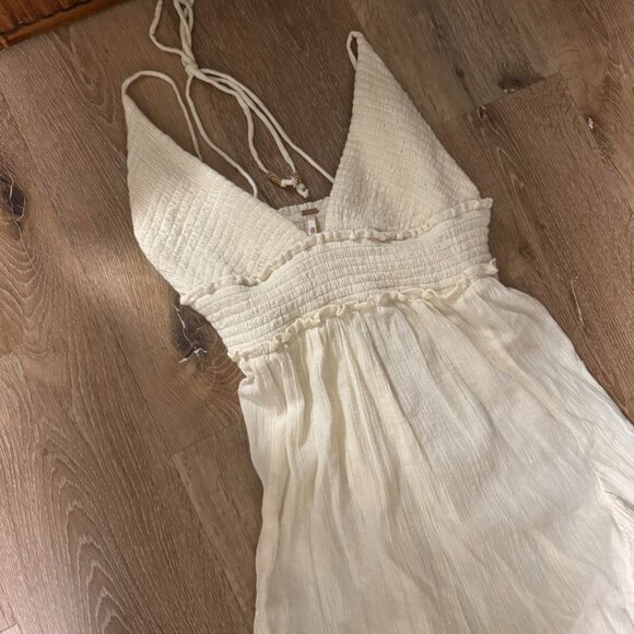 Free People Heat Haze White Cream Smocked‎ Linen Cotton Maxi Dress Size Medium - Picture 6 of 8